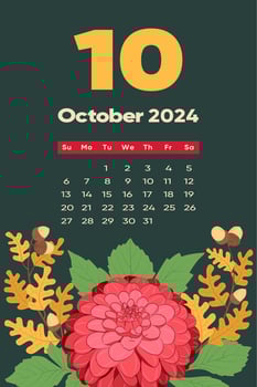 Floral October 2024 calendar template. With bright colorful flowers. vector