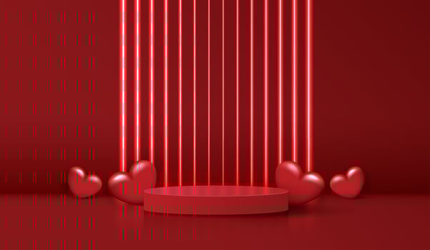Happy valentines day and stage podium decorated with heart shape. pedestal scene with for product, cosmetic, advertising, show, award ceremony, on red background and light. vector design.