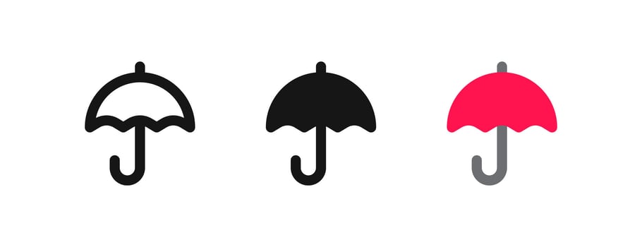 Umbrella icon. Protection parasol symbol. Rain weather signs. Season symbols. Rainy icons. Black, flat color. Vector sign.