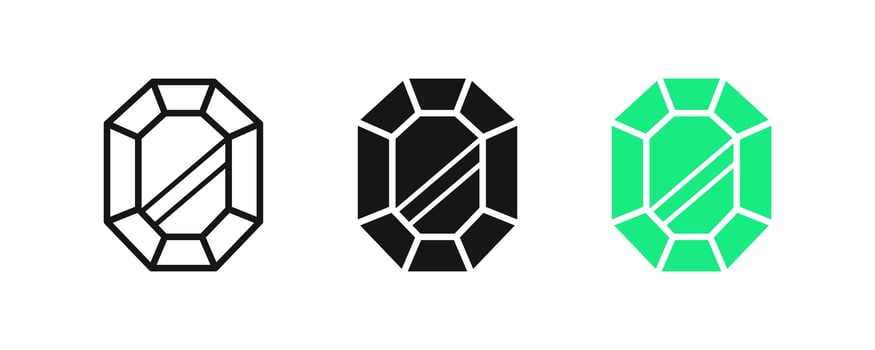 Emerald gem icon. Diamond stone symbol. Gemstone signs. Jewel symbols. Sapphire icons. Black, green color. Vector sign.