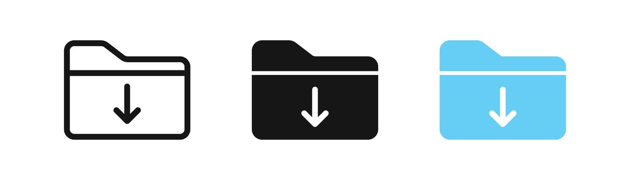 File folder download icon. Document upload symbol. Data archive signs. Arrow down saves symbols. Information repository icons. Black, blue color. Vector sign.