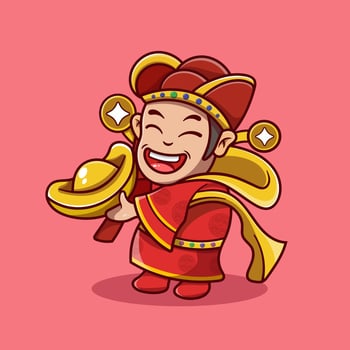 Cute chinese new year fortune god holding gold money. Chinese new year cartoon cute god of wealth holding gold vector
