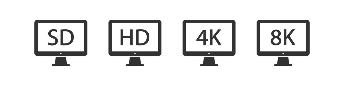 4k monitor icon. HD TV signs. Video in 8k symbol. High resolution screen symbols. 2k television icons. Black color. Vector sign.