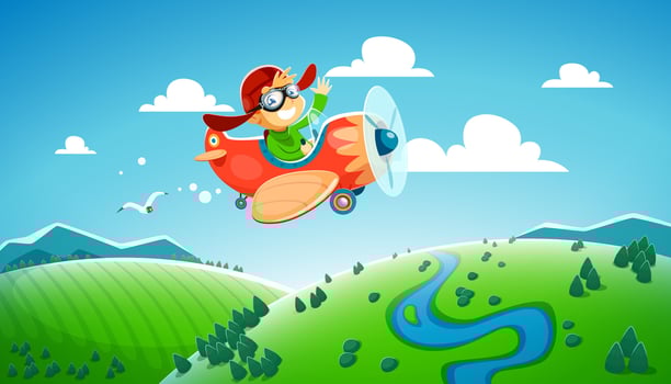 Cartoon kid boy pilot flying on plane or airplane vector