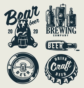 Set of emblems with beer barrel, hop and mug vector