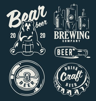 Set of emblems with beer barrel, hop and mug vector