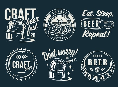 Emblems with craft beer barrel, hop and bottle vector