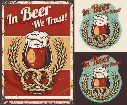 Set of poster, print with beer mug and pretzel vector