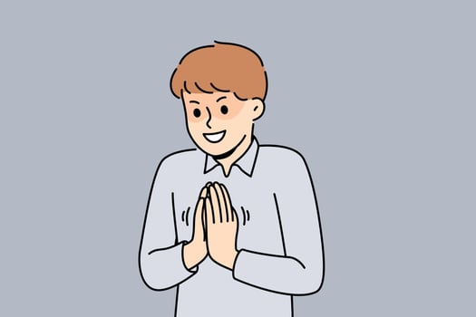 Cunning little boy rubs palms having come up with insidious plan to get good grade at school vector