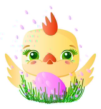 Cute Easter chick in grass with pink decorated egg vector