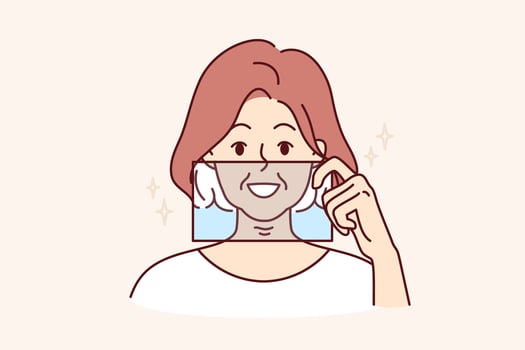 Woman demonstrates smile by applying glass to face and presenting result after whitening procedure vector