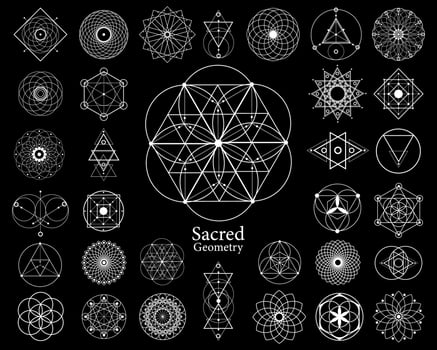 Sacred geometry vector design elements. Alchemy, religion, philosophy, spirituality, yantra hipster symbols and elements. Set collection, white tattoo signs isolated on black background