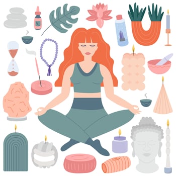 Yoga stickers vector flat set. Woman in lotus pose, buddha statue, candles and aroma sticks flat set
