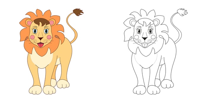 Lion illustration line and color. Cartoon vector illustration for coloring book or page.