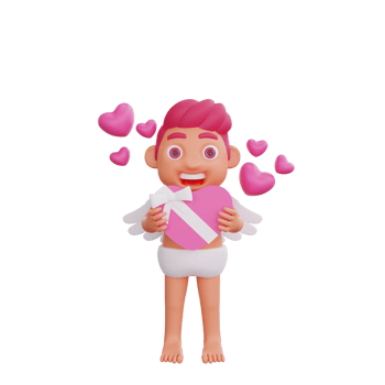 3D illustration of Valentine Cupid character holding a heart-shaped chocolate box png