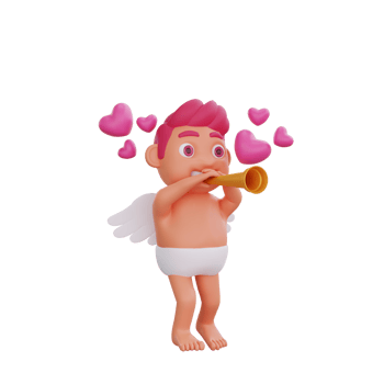 3D illustration of Valentine Cupid character playing a golden trumpet png