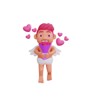 3D illustration of Valentine Cupid character holding a bouquet of roses png