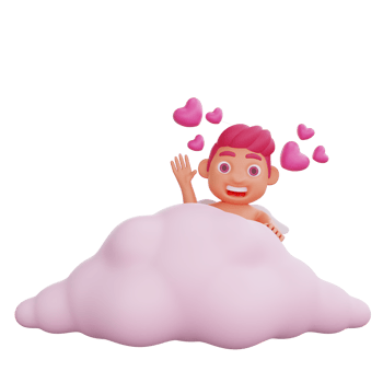 3D illustration of Valentine Cupid character Hiding behind pink cloud while waving png