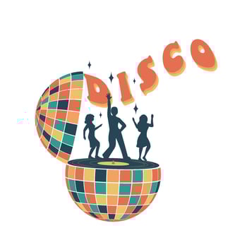 Disco ball and disco. Groovy. Clockwork dancing. Clockwork elements in retro hippie style of the 70s. vector