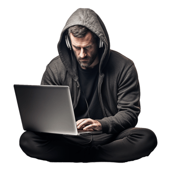 AI generated Hacker or a man in hoodie using laptop isolated on transparent background png