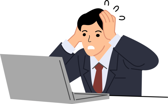 A employee holds his head while looking at a laptop or Tired worker png