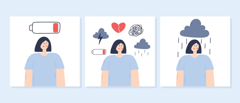 Set of concepts Woman in depression. Vector illustration. Drawn Woman in stress, depression, with apathy and confused thoughts.
