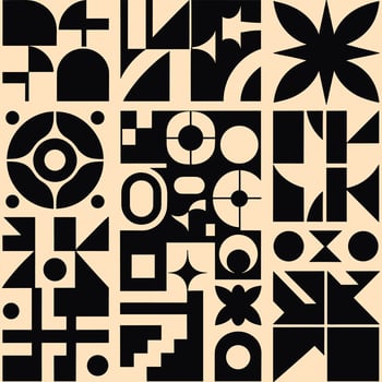 Brutalist abstract geometric shapes and grids. Brutal contemporary figure star oval spiral flower and other primitive elements. Swiss design aesthetic. Bauhaus memphis design vector