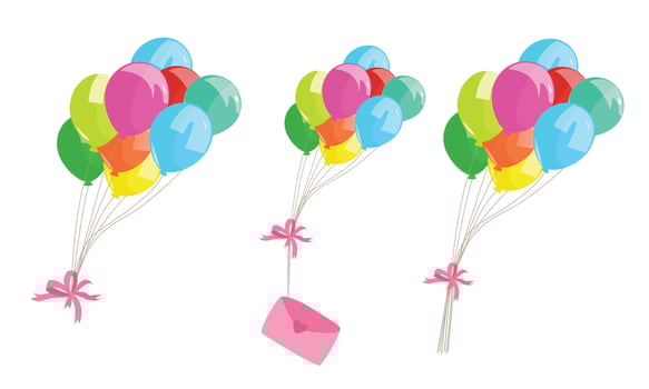 Balloons vector illustration set in cartoon style. Colorful bunch of balloons. Flying balloon clip art. Decoration items for party. Flat vector isolated on white background.