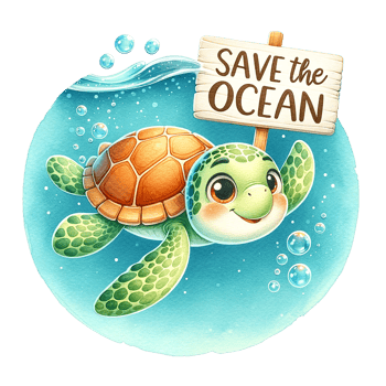AI generated A turtle with  Save the Ocean banner  under water. watercolor illustration png