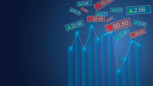 Trading banner. Market movements bear, bull, up , down trend, chart with price concept. Dark Blue light. for trading forex, stock market, crypto, bitcoin,  airdrop, miners, index, business. Vector