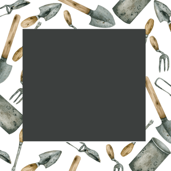 Watercolor hand drawn square frame with garden tools and flowers. Trowels, tin can, shovel, and scissors. for floral shop, garden design, label, logo png