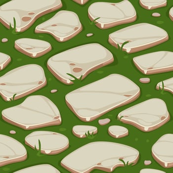 Seamless texture grass with stones in isometric. Vector background