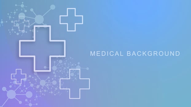 Medical cross with molecular structure on blue background. Innovation medicine, health care, medical and science design concept. Vector illustration.