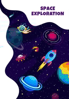 Space poster. Cartoon alien, UFO, rocket spaceship vector
