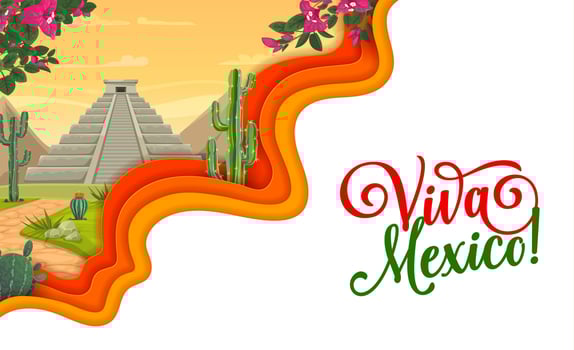 Viva Mexico paper cut banner with mexican pyramid vector