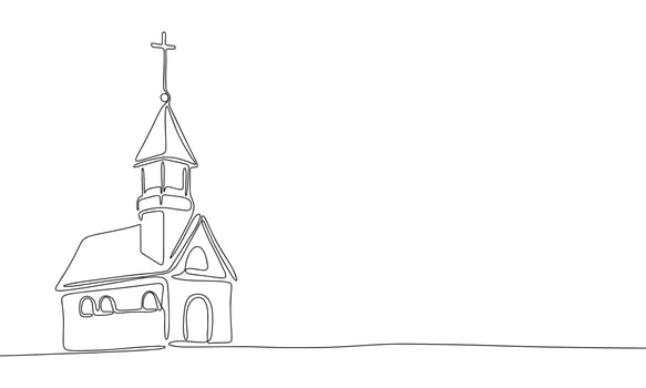 Church one line continuous line. Line art church outline, silhouette. Hand drawn vector art.