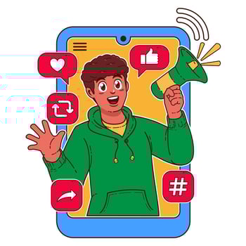 Man with a megaphone in his hand. Social media concept vector