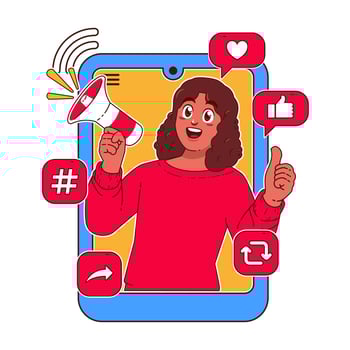 Woman with a megaphone in her hand. Social media concept vector