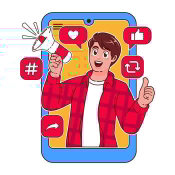 Man with a megaphone in his hand. Social media concept vector