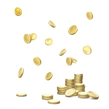 Gold coin stack and falling metal money. 3d golden coin isolated on white background. Vector illustration