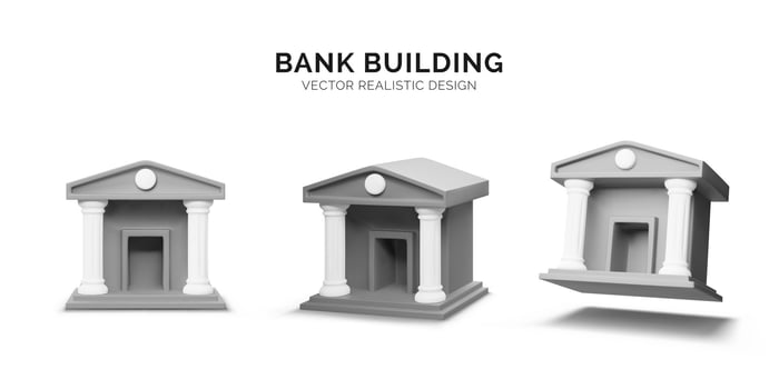 3d bank building. Set of realistic bank icons in different view point. Vector illustration