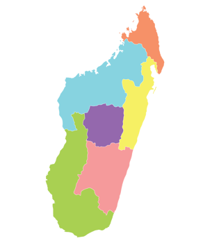 Madagascar map. Map of Madagascar in six mains regions in multicolor png