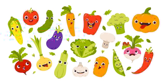 Cute vegetables with faces. Kids funny food character vector set. Organic healthy food