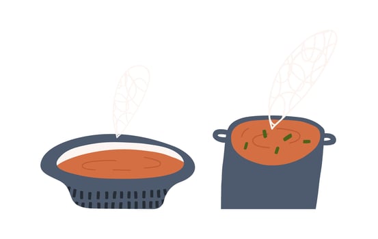 Pumpkin soup in pot and bowl, cartoon flat illustration isolated on white background. Hand drawn autumn vegetable soup. Delicious seasonal food. vector