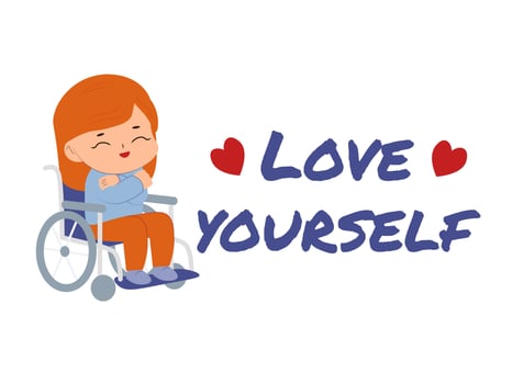 A happy woman in a wheelchair hugs herself. Taking care of yourself, accepting yourself. Vector illustration.
