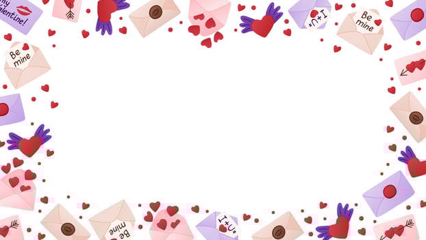 Horizontal background for Valentines day holiday. Frame template or design print with love letters, envelopes, hearts on white background. Good for banner, background, social media graphics vector