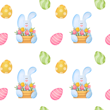 Cute Easter bunny with basket of flowers, Easter colored eggs. children s watercolor seamless pattern on transparent background. Happy Easter Greeting card with spring flowers, funny bunny png