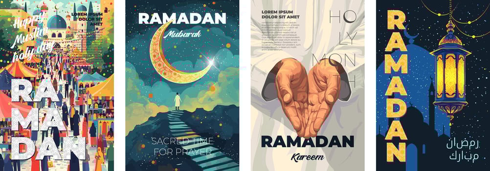 Islamic holy month Ramadan Kareem posters. Festive Arab city. Palms folded in Muslim prayer. Believer climbed stairs to Islam crescent. Eid Lantern and mosque. Arabic text translation Ramadan Kareem vector