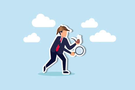 Observation or inspection to find out and discovery useful information, detective or investigate and analyze data concept, smart detective looking through magnifying glass to search for evidence. vector