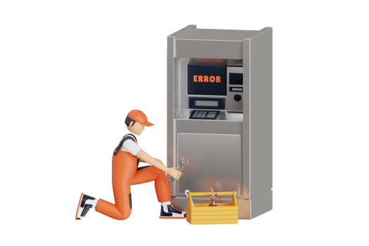 Bank ATM Repair Service 3D Illustration. technician repairing ATM machine png